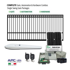 Complete Gate, Solar Powered Gate Automation & Hardware Combos with Italian Made Gate Opener. Solar Single Swing Gate Packages
