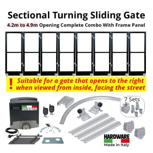 4.2m to 4.9m Opening Corner Turning Sliding Gate Complete Combo With Radius Sliding Gate Hardware, Lead Gate Frame and 7 Following Gate Frame Leafs and Gate Automation | Italian-Made Sliding Gate Opener with Corner Turning Multi-Panels Sliding Gate Hardware, R=0.5m Curved Ground Track, Gate Frame Panels, Hinges, Sectional Gate Wheels, Sliding Gate Tracks, Limit Stops for Gate Opening and Closing Position and Adjustable Upper Guide Plate with 4 Rollers. | Designed for Right-Hand Opening Only - Suitable for gate that opens to the right when viewed from inside facing the street