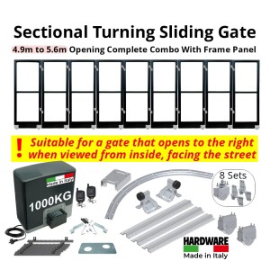 4.9m to 5.6m Opening Corner Turning Sliding Gate Complete Combo With Radius Sliding Gate Hardware, Lead Gate Frame and 8 Following Gate Frame Leafs and 1-Tone Capacty Gate Automation | Italian-Made 1000Kg Strong Sliding Gate Opener with Corner Turning Multi-Panels Sliding Gate Hardware, R=0.5m Curved Ground Track, Gate Frame Panels, Hinges, Sectional Gate Wheels, Sliding Gate Tracks, Limit Stops for Gate Opening and Closing Position and Adjustable Upper Guide Plate with 4 Rollers. | Designed for Right-Hand Opening Only - Suitable for gate that opens to the right when viewed from inside facing the street