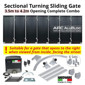 3.5m to 4.2m Opening Corner Turning Sliding Gate Complete Combo With Radius Sliding Gate Hardware, Lead Gate and 6 Following Gate Leafs and Gate Automation | Italian-Made Sliding Gate Opener with Corner Turning Multi-Panels Sliding Gate Hardware, R=0.5m Curved Ground Track, APC-AluBloc Gate Panels, Hinges, Sectional Gate Wheels, Sliding Gate Tracks, Limit Stops for Gate Opening and Closing Position and Adjustable Upper Guide Plate with 4 Rollers. | Designed for Right-Hand Opening Only - Suitable for gate that opens to the right when viewed from inside facing the street