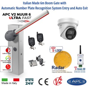 Automatic Number Plate Recognition (ANPR) System Boom Gate Parking Barrier – APC V2 NUUR 6 Automatic Boom Gate Kit with ANPR Entry and Wireless e-Loop Auto Exit, Ultra-Fast 24V DC Universal Operator with 6m Boom Arm, Italian-Made Car Park Access Control System Including Safety Sensors, e-Loop, Remote Controls, and 4MP DeepinView LPR Camera (Australian Version, AU Stock)