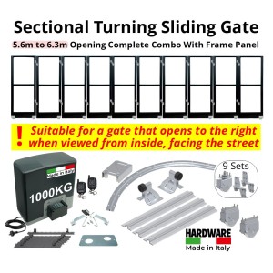 5.6m to 6.3m Opening Corner Turning Automatic Sliding Gate Complete Combo With Radius Sliding Gate Hardware, Lead Gate Frame and 9 Following Gate Frame Leafs and 1-Tone Capacty Gate Automation | Italian-Made 1000Kg Strong Sliding Gate Opener with Corner Turning Multi-Panels Sliding Gate Hardware, R=0.5m Curved Ground Track, Gate Frame Panels, Hinges, Sectional Gate Wheels, Sliding Gate Tracks, Limit Stops for Gate Opening and Closing Position and Adjustable Upper Guide Plate with 4 Rollers. | Designed for Right-Hand Opening Only - Suitable for gate that opens to the right when viewed from inside facing the street