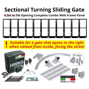 6.3m to 7m Opening Corner Turning Automatic Sliding Gate Complete Combo With Radius Sliding Gate Hardware, Lead Gate Frame and 10 Following Gate Frame Leafs and 1-Tone Capacty Gate Automation | Italian-Made 1000Kg Strong Sliding Gate Opener with Corner Turning Multi-Panels Sliding Gate Hardware, R=0.5m Curved Ground Track, Gate Frame Panels, Hinges, Sectional Gate Wheels, Sliding Gate Tracks, Limit Stops for Gate Opening and Closing Position and Adjustable Upper Guide Plate with 4 Rollers. | Designed for Right-Hand Opening Only - Suitable for gate that opens to the right when viewed from inside facing the street