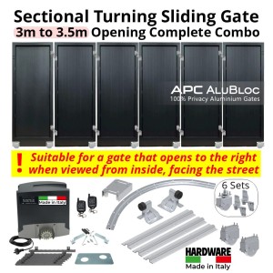 Corner Turning Sliding Gate Automation System for 3 to 3.5 Meters Driveways, Complete Combo. APC AluBloc 6 Aluminium Sectional Sliding Gate Panels With Wheels And Hinges, Sliding Gate Tracks, Limit Stops for Gate Opening and Closing Position and Adjustable Upper Guide Plate with 4 Rollers, R=0.5m Curved Radius Corner Sliding Gates Hardware, and a Remote-Controlled Automatic Sliding Gate Opener Made in Italy. | Designed for Right-Hand Opening Only - Suitable for a gate that opens to the right when viewed from inside facing the street