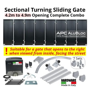 Corner Turning Sliding Gate Automation System for 4.2 to 4.9 Meters Driveways, Complete Combo. APC AluBloc Aluminium Sectional Sliding Gate 8 Panels With Wheels And Hinges, Sliding Gate Tracks, Limit Stops for Gate Opening and Closing Position and Adjustable Upper Guide Plate with 4 Rollers, R=0.5m Curved Radius Corner Sliding Gates Hardware, and a Remote-Controlled Automatic Sliding Gate Opener Made in Italy. | Designed for Right-Hand Opening Only - Suitable for a gate that opens to the right when viewed from inside facing the street