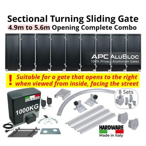 Corner Turning Sliding Gate Automation System for 4.9m to 5.6 Meters Driveways, Complete Combo. APC AluBloc Aluminium Sectional Sliding Gate 9 Panels With Wheels And Hinges, Sliding Gate Tracks, Limit Stops for Gate Opening and Closing Position and Adjustable Upper Guide Plate with 4 Rollers, R=0.5m Curved Radius Corner Sliding Gates Hardware, and a Remote-Controlled Automatic Sliding Gate Opener Made in Italy. | Designed for Right-Hand Opening Only - Suitable for a gate that opens to the right when viewed from inside facing the street