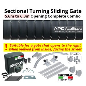 Corner Turning Sliding Gate Automation System for 5.6m to 6.3 Meters Driveways, Complete Combo. APC AluBloc Aluminium Sectional Sliding Gate 10 Panels With Wheels And Hinges, Sliding Gate Tracks, Limit Stops for Gate Opening and Closing Position and Adjustable Upper Guide Plate with 4 Rollers, R=0.5m Curved Radius Corner Sliding Gates Hardware, and a Remote-Controlled Automatic Sliding Gate Opener Made in Italy. | Designed for Right-Hand Opening Only - Suitable for a gate that opens to the right when viewed from inside facing the street