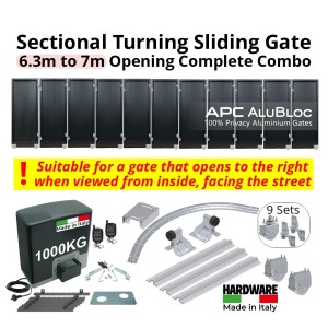 Corner Turning Sliding Gate Automation System for 6.3m to 7 Meters Driveways, Complete Combo. APC AluBloc Aluminium Sectional Sliding Gate 11 Panels With Wheels And Hinges, Sliding Gate Tracks, Limit Stops for Gate Opening and Closing Position and Adjustable Upper Guide Plate with 4 Rollers, R=0.5m Curved Radius Corner Sliding Gates Hardware, and a Remote-Controlled Automatic Sliding Gate Opener Made in Italy. | Designed for Right-Hand Opening Only - Suitable for a gate that opens to the right when viewed from inside facing the street