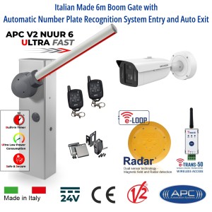 APC V2 NUUR 6 Automatic Boom Gate Parking Barrier Kit – Automatic Number Plate Recognition (ANPR) Entry & Wireless e-Loop Auto Exit, Ultra Fast 24V DC Universal Boom Gate with 6m Boom Arm, Italian-Made Car Park Access Control System with Safety Sensors, e-Loop, Remote Controls & Hikvision 4MP DeepinView Multi-Sensor Bullet Camera (AU Stock)