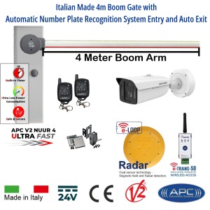 APC V2 NUUR 4 Automatic Boom Gate Parking Barrier Kit – Automatic Number Plate Recognition (ANPR) Entry & Wireless e-Loop Auto Exit, Ultra Fast 24V DC Universal Boom Gate with 4m Boom Arm, Italian-Made Car Park Access Control System with Safety Sensors, e-Loop, Remote Controls & Hikvision 4MP DeepinView Multi-Sensor Bullet Camera (AU Stock)