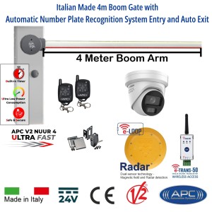 APC V2 NUUR 4 Automatic Boom Gate Parking Barrier Kit – Automatic Number Plate Recognition (ANPR) Entry & Wireless e-Loop Auto Exit, Ultra Fast 24V DC Universal Boom Gate with 4m Boom Arm, Italian-Made Car Park Access Control System with Safety Sensors, e-Loop, Remote Controls & Hikvision 4MP DeepinView LPR Camera (AU Stock)