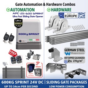 600KG Italian-Made High Speed Sliding Gate Opener and European Made Premium Hardware, Complete Sliding Gate Automation Kit. Includes APC-able-600SPRINT Sliding Gate Automation, High-Efficiency 24V Sliding Gate Motor, Remotes, Retro Reflective Safety Sensor, Wireless Access Controller, Gate Track and European Sliding Gate Hardware Base Kit. Engineered for energy savings, safety, easy installation and fast operation.