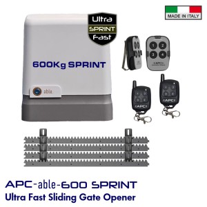 Italian-Made High Speed 600KG Sliding Gate Opener Kit | APC-able-600SPRINT Sliding Gate Automation, High-Efficiency 24V Sliding Gate Motor with Remote Controls. Magnetic Limit Switches For Gate Opening and Closing — Fast. Quiet. Smart. Eco-Certified. Engineered for energy savings, safety, easy installation and fast operation.