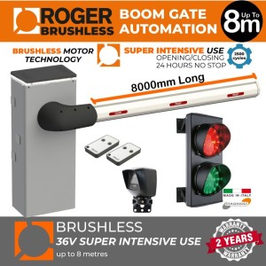 8M Boom Barrier Gate and Traffic Lights Secure Access Control Kit | Super Intensive Use (up to 6 meters) Boom Gate Operator - Bionik Brushless 36V Boom Arm Barrier Gate(100% Italian Made by Roger Technology) with Safety Sensor and Double (Red/Green) Traffic Signal LED Lights (Made in Italy by Stagnoli) | Highest Quality Automatic Barrier Boom Gate Traffic Control System with Traffic Lights Signal