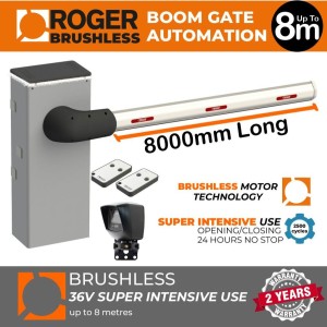 8m Boom Gate Trade Kit with Brushless 36V Boom Gate System - Super Intensive Use (up to 8 meters) Boom Gate Operator with Bionik Brushless 36V Boom Arm Barrier, Safety Sensor and Remote Controls |100% Italian Made by Roger Technology | Highest Quality Automatic Barrier Boom Gate Systems