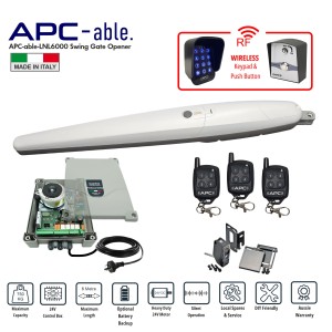 Commercial Grade Single Swing Gate Opener Wireless Controller Kit with Italian-Made APC-able-6000 Super Duty Linear Actuator – Suitable for Up to 6m Opening and Up to 750kg Gate with Adjustable Built-In Strong Mechanical Stops for Opening and Closing, 24V Single Swing Remote Control Driveway Gate System with Safety Sensors, Wireless Keypad and Wireless Push Button Switch. Ideal for Commercial, Industrial and Residential Use