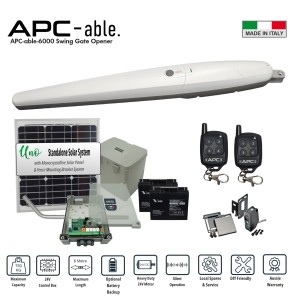 Commercial Grade Solar-Powered Single Swing Gate Opener Trade Kit with Italian-Made APC ABLE 6000 Super Duty Linear Actuator – Suitable for Up to 6m Opening and Up to 750kg Gate with Adjustable Built-In Strong Mechanical Stops for Opening and Closing, 24V Single Swing Remote Control Driveway Gate System Including APC Uno Standalone Solar Power System and Safety Sensors. Ideal for Commercial Industrial and Residential Use