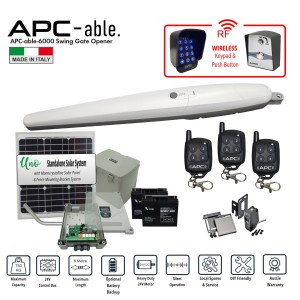 Commercial Grade Solar-Powered Single Swing Gate Opener Wireless Controller Kit with Italian-Made APC ABLE 6000 Super Duty Linear Actuator – Suitable for Up to 6m Opening and Up to 750kg Gate with Adjustable Built-In Strong Mechanical Stops for Opening and Closing, 24V Single Swing Remote Control Driveway Gate System Including APC Uno Standalone Solar Power System, Safety Sensors, Wireless Keypad and Push Button Switch. Ideal for Commercial Industrial and Residential Use
