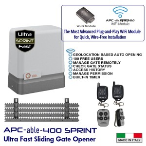 Italian-Made High Speed Digital Wi-Fi 400KG Sliding Gate Opener Smart Gate Automation WiFi Kit – APC-able-400SPRINT Sliding Gate Automation High-Efficiency 24V Sliding Gate Motor with Remote Controls and Plug-and-Play WiFi Module for Quick Wire free Installation with APC Infinity Wi-Fi Smart Control Featuring Geo-Location Based Opening Remote Access Monitoring Scheduled Closing and Secure Sharing via Smartphone Sliding Gate Opener Smart Kit