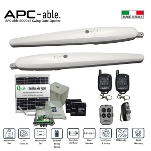 Build Your Own Solar-Powered Double Swing Gate Opener Kit with Italian-Made APC ABLE 6000x2 Super Duty Linear Actuators – Suitable for Up to 12m Opening and Up to 750kg Each Gate with Adjustable Built-In Strong Mechanical Stops for Opening and Closing, 24V Double Swing Remote Control Driveway Gate System Including APC Uno Standalone Solar Power System, APC Gate Automation Built to Withstand Australian Harsh Conditions, Ideal for Commercial Industrial and Residential Use