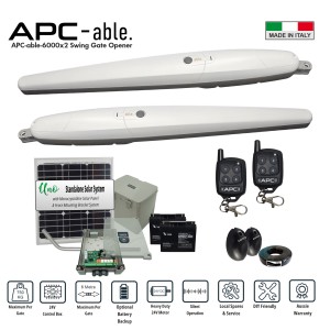 Commercial Grade Solar-Powered Double Swing Gate Opener Trade Kit with Italian-Made APC ABLE 6000x2 Super Duty Linear Actuators – Suitable for Up to 12m Opening and Up to 750kg Each Gate with Adjustable Built-In Strong Mechanical Stops for Opening and Closing, 24V Double Swing Remote Control Driveway Gate System Including APC Uno Standalone Solar Power System and Safety Sensors. Ideal for Commercial Industrial and Residential Use