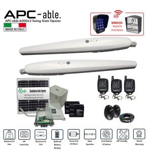 Commercial Grade Solar-Powered Double Swing Gate Opener Wireless Controller Kit with Italian-Made APC ABLE 6000x2 Super Duty Linear Actuators – Suitable for Up to 12m Opening and Up to 750kg Each Gate with Adjustable Built-In Strong Mechanical Stops for Opening and Closing, 24V Double Swing Remote Control Driveway Gate System Including APC Uno Standalone Solar Power System, Safety Sensors, Wireless Keypad and Push Button Switch. Ideal for Commercial Industrial and Residential Use