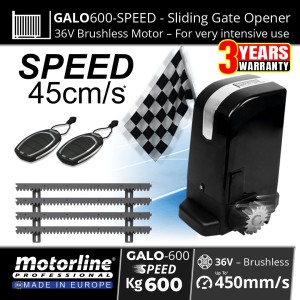 Ultra-Fast Sliding Gate Automation Kit With Motorline GALO600-SPEED 36V Brushless Sliding Gate Motor| 600kg Capacity | European-made by Motorline, the GALO Sliding Gate Opener features fast, smooth, quiet operation, advanced obstacle detection, magnetic limits, and an encoder-controlled sliding gate.