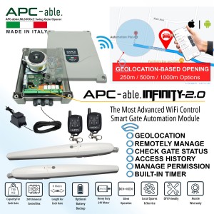 Smart Wi-Fi Double Swing Gate Automation Kit – Low Voltage 24V Italian-Made APC-able-6000x2 Super Duty Linear Actuators Suitable for Up to 12m Opening and Up to 750kg Each Leaf with Adjustable Built-In Strong Mechanical Stops for Opening and Closing, and External Transformer, Including Plug-and-Play WiFi Module for Quick Wireless Installation with APC Infinity Wi-Fi Smart Control Featuring Geo-Location Based Opening, Remote Access, Monitoring, Scheduled Closing and Secure Sharing via Smartphone – Double Swing Gate Opener Smart Kit