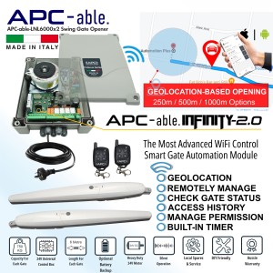Smart Wi-Fi Double Swing Gate Automation Kit with Italian-Made APC-able-6000x2 Super Duty Linear Actuators – Suitable for Up to 12m Opening and Up to 750kg Each Gate with Adjustable Built-In Strong Mechanical Stops for Opening and Closing, Includes Plug-and-Play WiFi Module for Quick Wirefree Installationwith APC Infinity Wi-Fi Smart Control Featuring Geo-Location Based Opening Remote Access Monitoring Scheduled Closing and Secure Sharing via Smartphone Double Swing Gate Opener Smart Kit