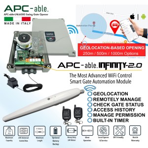 Smart Wi-Fi Single Swing Gate Automation Kit – Low Voltage 24V Italian-Made APC-able-6000 Super Duty Linear Actuator Suitable for Up to 6m Opening and Up to 750kg Gate with Adjustable Built-In Strong Mechanical Stops for Opening and Closing, and External Transformer, Including Plug-and-Play WiFi Module for Quick Wireless Installation with APC Infinity Wi-Fi Smart Control Featuring Geo-Location Based Opening, Remote Access, Monitoring, Scheduled Closing and Secure Sharing via Smartphone – Single Swing Gate Opener Smart Kit