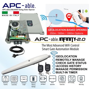 Smart Wi-Fi Single Swing Gate Automation Kit with Italian-Made APC-able-6000 Super Duty Linear Actuator – Suitable for Up to 6m Opening and Up to 750kg Gate with Adjustable Built-In Strong Mechanical Stops for Opening and Closing, Includes Plug-and-Play WiFi Module for Quick Wirefree Installationwith APC Infinity Wi-Fi Smart Control Featuring Geo-Location Based Opening Remote Access Monitoring Scheduled Closing and Secure Sharing via Smartphone Single Swing Gate Opener Smart Kit