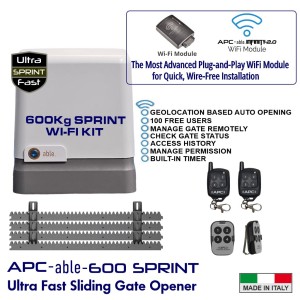 Italian-Made High Speed Digital Wi-Fi 600KG Sliding Gate Opener Smart Gate Automation WiFi Kit – APC-able-600SPRINT Sliding Gate Automation High-Efficiency 24V Sliding Gate Motor with Remote Controls and Plug-and-Play WiFi Module for Quick Wirefree Installation with APC Infinity Wi-Fi Smart Control Featuring Geo-Location Based Opening Remote Access Monitoring Scheduled Closing and Secure Sharing via Smartphone Sliding Gate Opener Smart Kit