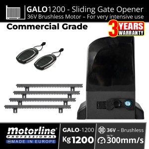 Commercial Grade 1200kg Sliding Gate Opener Kit with GALO1200 36V Heavy Duty Brushless Gate Motor, Remote Controls, Sliding Gate Gear Racks and Surface-Mounted Raised Base Plate. European-made by Motorline. The Heavy Duty GALO Sliding Gate Opener features smooth, quiet operation, advanced obstacle detection, magnetic limits, and an encoder-controlled sliding gate. | Available Automotion Plus Australia