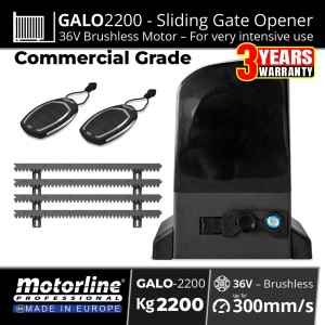 Commercial Grade 2200kg Sliding Gate Opener Kit with GALO2200 36V Extra Heavy Duty Brushless Gate Motor, Remote Controls, Sliding Gate Gear Racks and Surface-Mounted Raised Base Plate. European-made by Motorline. The Extra Heavy Duty GALO Sliding Gate Opener features smooth, quiet operation, advanced obstacle detection, magnetic limits, and an encoder-controlled sliding gate. | Available at Automotion Plus Australia