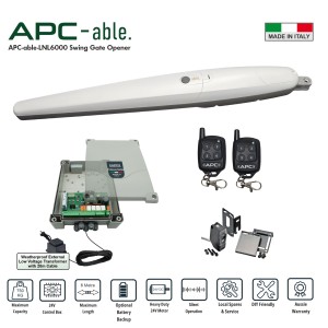 Commercial Grade Single Swing Gate Opener Trade Kit with Italian-made APC Able 6000 Super Duty Linear Actuator – Suitable for Up to 6m Opening and Up to 750kg Gate with Adjustable Built-In Strong Mechanical Stops for Opening and Closing, 24V Low Voltage Single Swing Remote Control Driveway Gate System Includes External Transformer with 20m Low Voltage Cable and Safety Sensors. Ideal for Commercial, Industrial and Residential Use