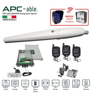 Commercial Grade Single Swing Gate Opener Wireless Controller Kit with Italian-made APC Able 6000 Super Duty Linear Actuator – Suitable for Up to 6m Opening and Up to 750kg Gate with Adjustable Built-In Strong Mechanical Stops for Opening and Closing, 24V Low Voltage Single Swing Remote Control Driveway Gate System Includes External Transformer with 20m Low Voltage Cable and Safety Sensors, Wireless Keypad and Push Button Switch. Ideal for Commercial, Industrial and Residential Use
