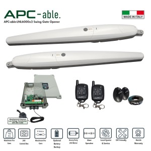 Commercial Grade Double Swing Gate Opener Trade Kit with Italian-Made APC-able-6000x2 Super Duty Linear Actuators – Suitable for Up to 12m Total Opening and Up to 750kg per Leaf with Adjustable Built-In Strong Mechanical Stops for Opening and Closing, 24V Low Voltage Double Swing Remote Control Driveway Gate System Includes External Transformer with 20m Low Voltage Cable and Safety Sensors. APC Gate Automation Built to Withstand Australian Harsh Conditions. Ideal for Commercial, Industrial and Residential Use