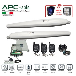 Commercial Grade Double Swing Gate Opener Wireless Controller Kit with Italian-Made APC-able-6000x2 Super Duty Linear Actuators – Suitable for Up to 12m Total Opening and Up to 750kg per Leaf with Adjustable Built-In Strong Mechanical Stops for Opening and Closing, 24V Low Voltage Double Swing Remote Control Driveway Gate System Includes External Transformer with 20m Low Voltage Cable and Safety Sensors, Wireless keypad and Push Button Switch. APC Gate Automation Built to Withstand Australian Harsh Conditions. Ideal for Commercial, Industrial and Residential Use