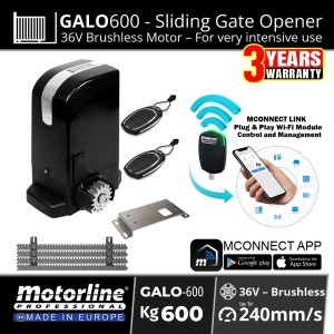 Smart Wi-Fi Sliding Gate Opener Kit with Motorline GALO600 36V Brushless Sliding Gate Motor – European-Made High Performance Gate Automation System for Gates up to 600kg with Smooth Quiet Operation and Magnetic Limit Switches for Opening and Closing, Includes MCONNECT-LINK Smart Gate Control Wi-Fi Module with Plug-and-Play Wireless Installation, Remote Access, Real-Time Status Monitoring, Remote Control Management, Action History and Firmware Updates via Wi-Fi