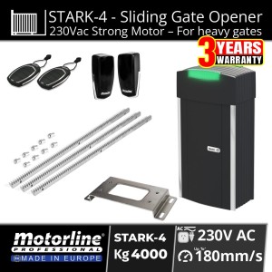 Heavy-Duty AC Powered Sliding Gate Opener Kit with 4000kg Capacity Commercial Grade Sliding Gate Motor STARK4 Made in Europe by Motorline, Includes Remote Controls, Safety Sensor, Steel Gear Racks | Ideal for industrial, commercial & residential sites in Australia. Smooth start/stop, obstacle detection, built-in flashing LED, and high torque gate automation system.
