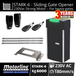 Extra-Heavy-Duty AC Powered Sliding Gate Opener Kit with 6000kg Capacity Commercial Grade Sliding Gate Motor STARK6 Made in Europe by Motorline, Includes Remote Controls, Safety Sensor, Steel Gear Racks | Ideal for industrial, commercial & residential sites in Australia. Smooth start/stop, obstacle detection, built-in flashing LED, and high torque gate automation system.
