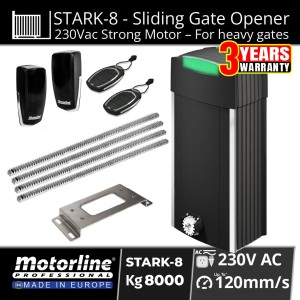 Super-Duty AC Powered Sliding Gate Opener Kit with 8000kg Capacity Commercial Grade Sliding Gate Motor STARK8 Made in Europe by Motorline, Includes Remote Controls, Safety Sensor, Steel Gear Racks | Ideal for industrial, commercial & residential sites in Australia. Smooth start/stop, obstacle detection, built-in flashing LED, and high torque gate automation system.