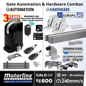 Smart Wi-Fi Sliding Gate Opener and European-Made Premium Hardware Kit with Motorline GALO600 36V Brushless Sliding Gate Motor – High Performance Gate Automation System for Gates up to 600kg with Smooth Quiet Operation and Magnetic Limits, Includes European Sliding Gate Hardware Set with Gate Wheels, Stopper, Upper Rollers, End Stop/Catcher Bracket and MCONNECT-LINK Smart Gate Control Wi-Fi Module with Plug-and-Play Wireless Installation, Remote Access, Real-Time Status Monitoring, Remote Control Management, Action History and Firmware Updates via Wi-Fi
