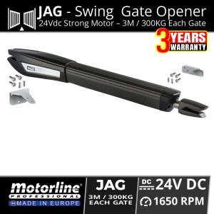 JAG 24Vdc Swing Gate Automation Electric Motor with Built-in Electric Limit Switches Made in Europe by Motorline | Durable Aluminium Actuator Body with Stainless Steel Telescopic Arm and All Metal Gear Gate Motor for Driveway Swing Gate 3M/300KG max Per Gate Leaf | Single & Double Swing Gate Opener Australia