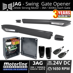 Motorline KIT JAG600-24V Double Swing Gates Automation System Made in Europe | Durable Aluminium Actuator Body with Stainless Steel Telescopic Arm and All Metal Gear Gate Motor with Built-in Electric Limit Switches, Remote Controls, PE Safety Sensor, 24V Smart Control Board for Driveway Swing Gates 4M/300KG max Per Gate Leaf | Double Swing Gates Opener Australia