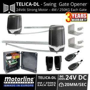 Automatic Double Swing Gate Opener Kit with Articulated Straight Sliding Arm | Motorline TELICA DL-24V Swing Gate Motor Kit, Built-in Electric Limit Switches, Remote Controls, PE Safety Sensor, 24V Smart Control Board | Ideal For Swing Gates With Tight Driveway Entrances. | Max Capacity Up To 4M/250KG Per Gate Leaf | Made in Europe by Motorline | Swing Gate Automation Solutions Australia