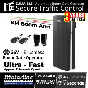 Motorline ZUMA-BL 8M Brushless Boom Barrier Gate Operator kit with Ultra-Fast 36Vdc Brushless Boom Gate Motor, 8 Metre Boom Gate Arm, Remote Controls, Safety Sensors and Smart Access Control Board | High-Performance Automatic Boom Gate for Road Traffic Control & Commercial Access
