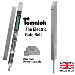 Electric Drop Bolt Lock with Din Rail Power Supply | Heavy-Duty Stainless Steel Motorised Tomalok 24V Drop Bolt for Swing Gates | 150mm Stroke, 20mm Diameter Stainless Steel Pin, Inbuilt Battery Backup | The Electric Gate Bolt - Tomalok and Din Rail Power Supply (100-240VAC Input 0.88A and 24V Output 0.5A)