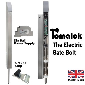 Electric Drop Bolt Lock with Din Rail Power Supply and Ground Stop | Heavy-Duty Stainless Steel Motorised Tomalok 24V Drop Bolt for Swing Gates | 150mm Stroke, 20mm Diameter Stainless Steel Pin, Inbuilt Battery Backup | The Electric Gate Bolt Kit - Tomalok