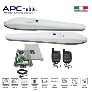 Build Your Own Gate Opener Kit with Italian-made APC Able 3000x2 Heavy-Duty Linear Actuators. Double Swing Remote Control Driveway Gates Automatic Opening/Closing 24V System for Max 6m Gates (3m or 600kg for Each Gate) With Adjustable Built-In Stop and Feature-Rich Logico Control Box. APC Gate Automation Systems for Australian homes are built to withstand harsh conditions, with local support and warranty.